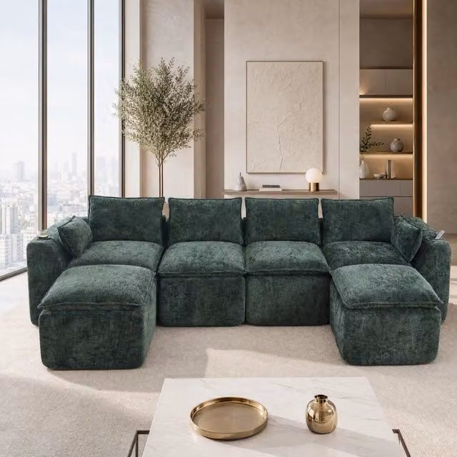 Divano modulare 4 posti 322 x 161 x 75 cm in chenille verde con tasche laterali