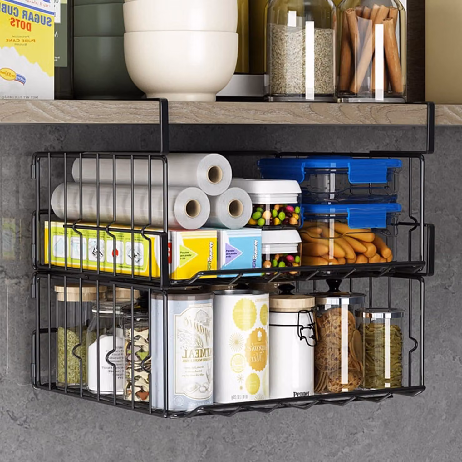 Organizzatori per cassetti, realizzati in filo metallico pieghevole, confezione da 2 pezzi, colore nero, ideali per cucina e armadi
