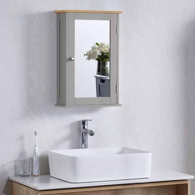 Mobile da bagno con ante a specchio, grigio e legno di quercia, da montare a parete, 1 anta