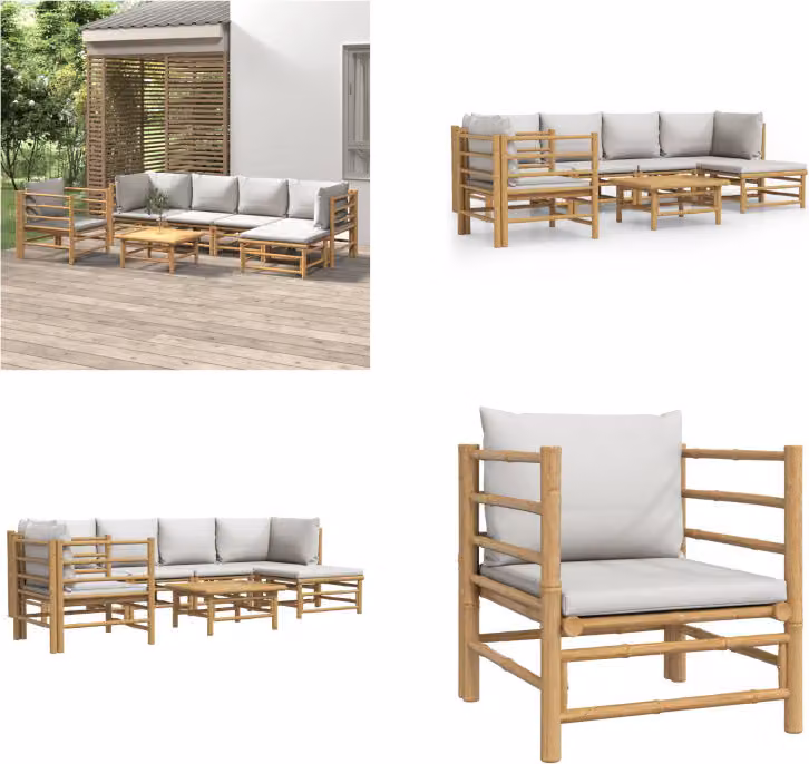 vidaXL Set da salotto da giardino 7 pezzi con cuscini grigio chiaro in bambù - Set da salotto da giardino - Set da salotto - Set da arredo da giardino