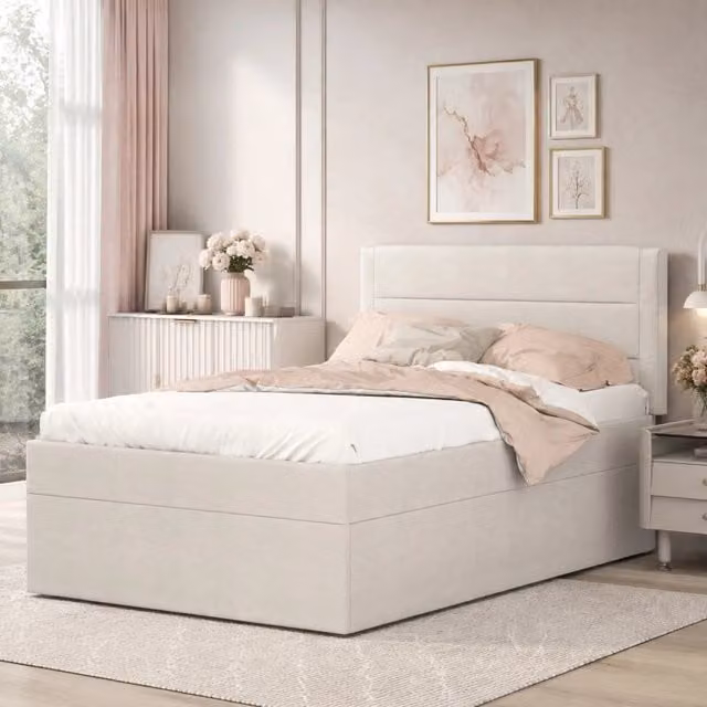 Letto singolo imbottito MODFU con vano contenitore a sollevamento, colore beige, L/P/H: 90 x 200 x 105 cm – 1
