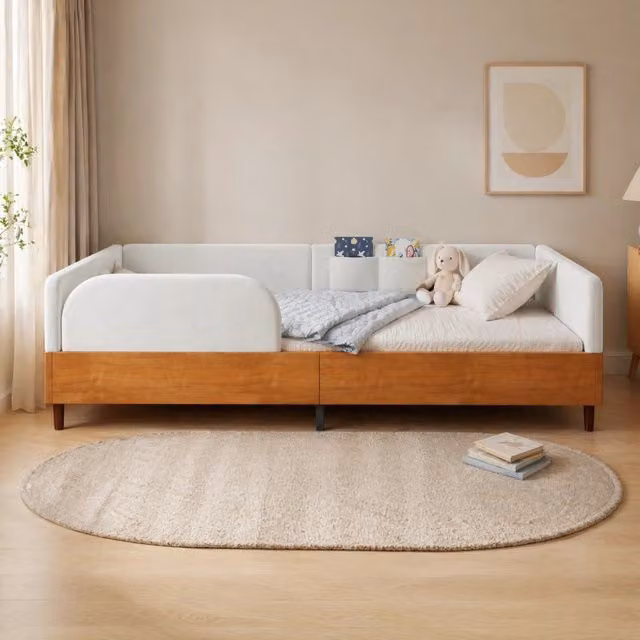 Letto singolo imbottito in velluto bianco e legno 90x200 cm con 2 tasche laterali e bordo protettivo per cameretta