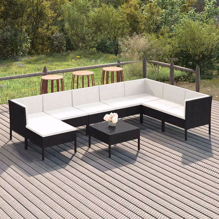 Set Divani da Giardino vidaXL 9 Pezzi a Forma di U con Cuscini e Tavolino, Struttura in Metallo Nero e Polyrattan