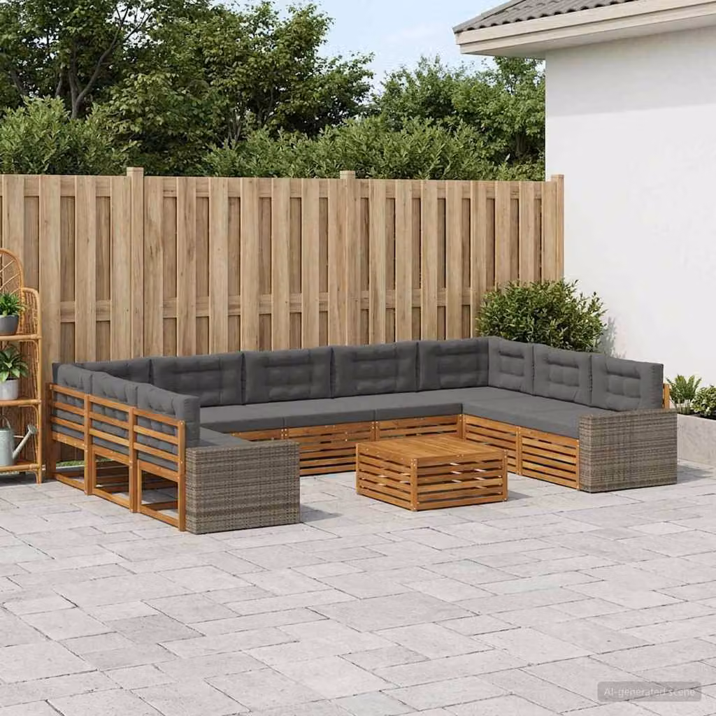 Set di divani da esterno vidaXL in legno di acacia, 10 pezzi, colore naturale e antracite
