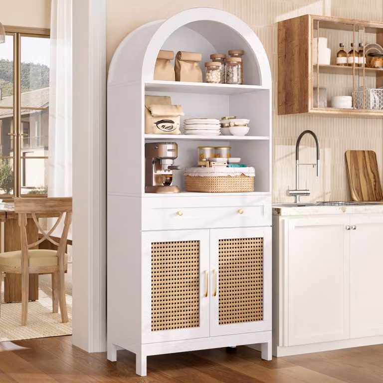 Mobile moderni: pensili da 170 cm con ante in rattan, armadio contenitore con 2 ante e 1 cassetto, mobile contenitore da 70x40x170 cm, finitura bianco e legno