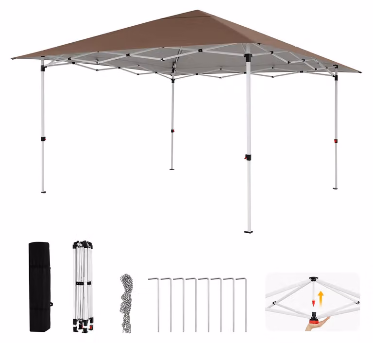 KOMFOTTEU, gazebo pieghevole 350x350 cm, tenda pop-up con altezza regolabile, sistema di chiusura centralizzato e sporgenza del tetto, protezione solare, gazebo impermeabile con borsa, ideale per terrazza, giardino e cortile, colore marrone