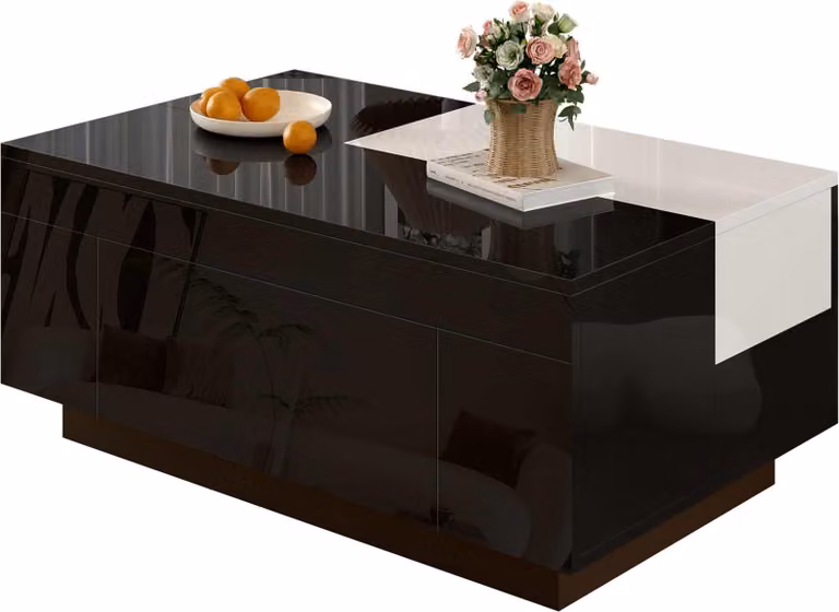Tavolino AIORBER lucido con LED, piano d'appoggio allungabile, cassetto, vano portaoggetti nascosto, 16 colori di luce, nero e bianco