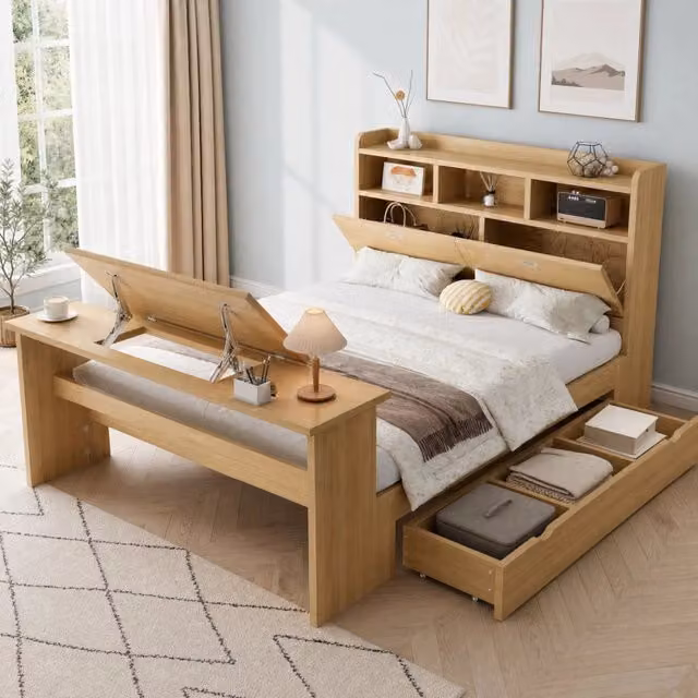 Letto singolo 140x200 cm in legno color naturale con contenitore; scaffale testiera e tavolo pieghevole