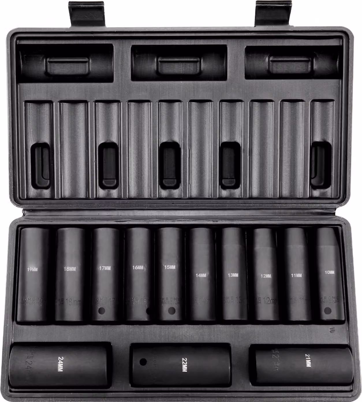 SucceBuy Set di bussole a percussione da 1/2 pollice, 13 pezzi, bussole metriche profonde 10-24 mm, acciaio legato a 6 punti CR-V per riparazioni auto con custodia