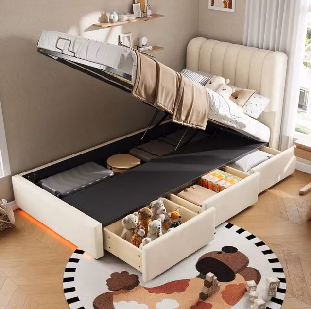 Letto per bambini con contenitore idraulico 90x200 cm; 3 cassetti; LED; velluto beige