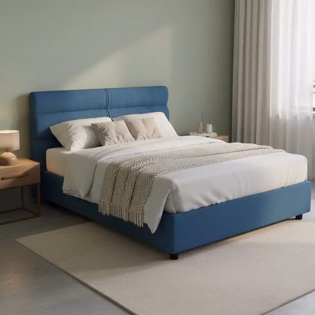 Letto Matrimoniale con Contenitore a Alzata DMORA, Rivestimento in Tessuto Blu e Nero, L 160 x P 200 cm – 1