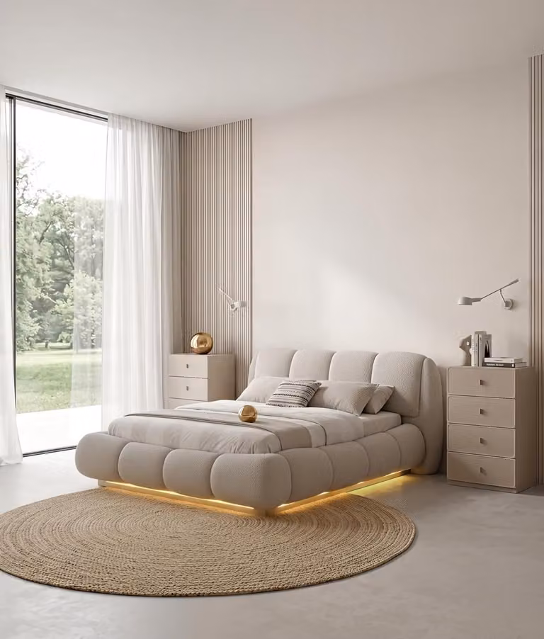 Set per camera da letto: letto, 2 comodini, design moderno, colore beige, elegante, lussuoso, nuovo