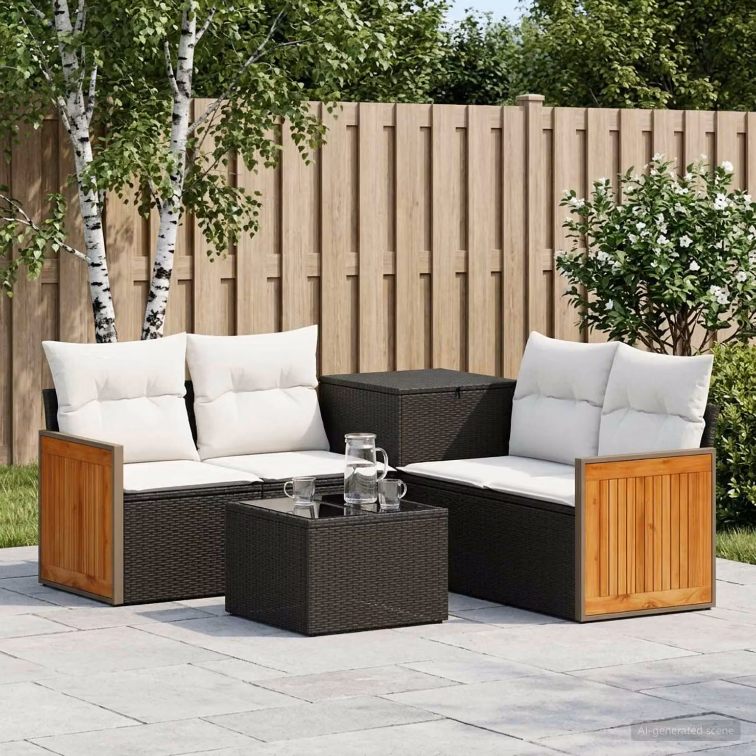 Set di divani da giardino vidaXL a forma di L composto da 6 pezzi con tavolino da caffè, in stile moderno, colore nero e bianco crema, con struttura in acciaio verniciato a polvere e cuscini inclusi