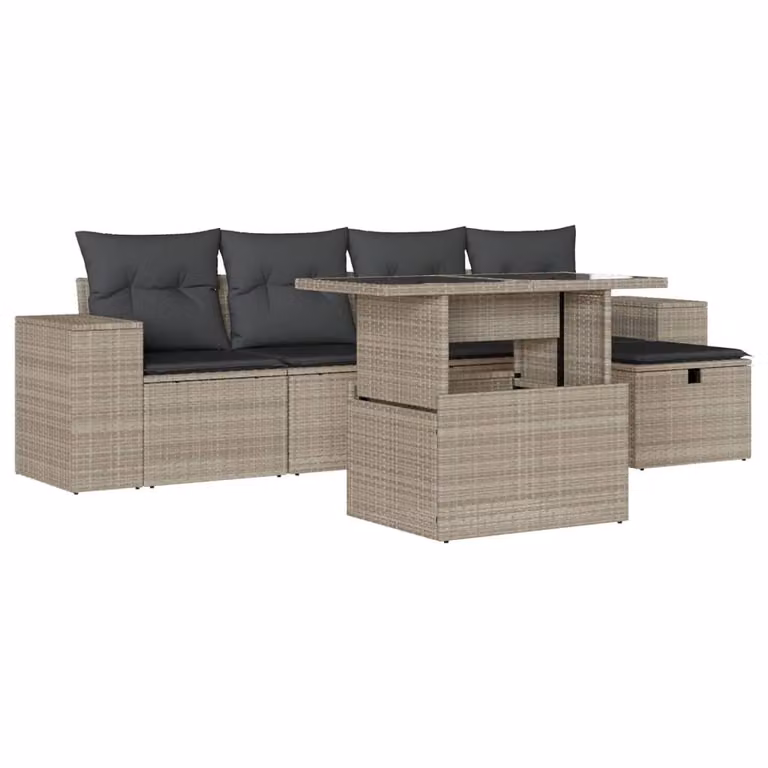 Set Divano da Giardino 6pz con Cuscini Grigio Chiaro Polyrattan
