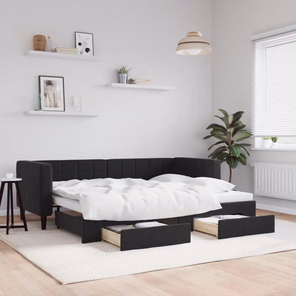 vidaXL Divano Letto Estraibile con Cassetti in Velluto Nero L/P/H: 223 x 80 x 90 cm
