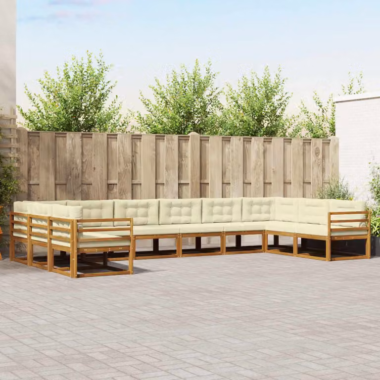 vidaXL Set di divani da esterno a forma di U in legno di acacia con cuscini, Beige e Marrone