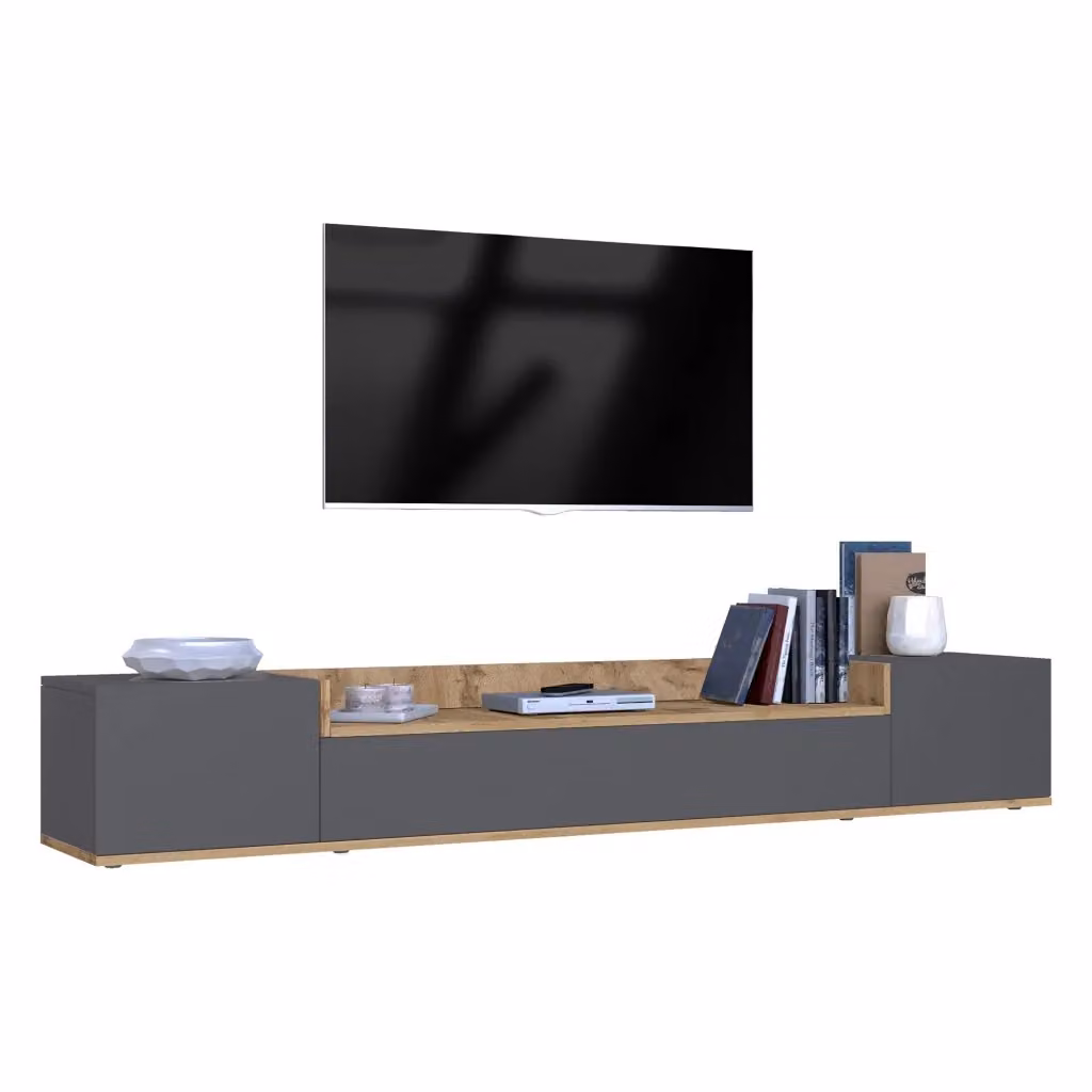 Mobile porta TV Oxanna con 3 ripiani in legno, Made in Italy, Nero Antracite, L 200 cm x P 35 cm x H 30 cm – 2