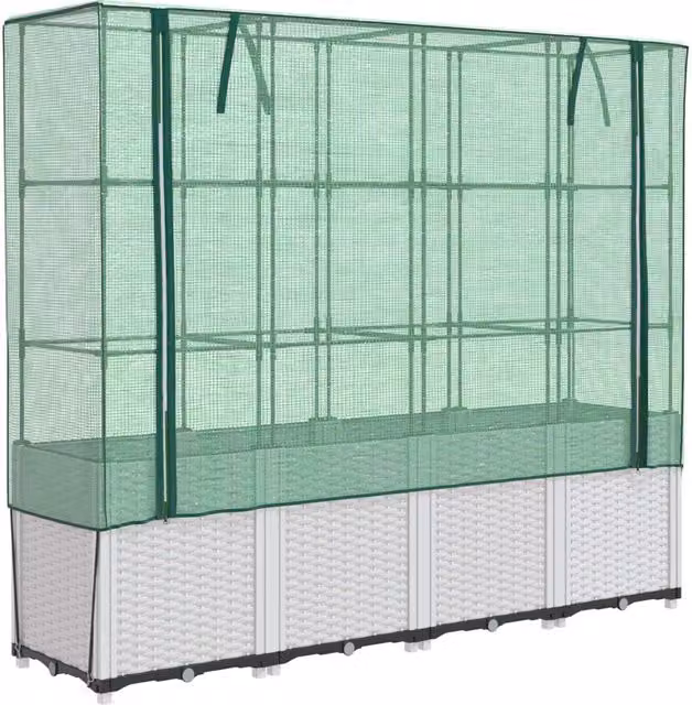 Aiuola rialzata fioriera con copertura effetto rattan bianco L: 160 cm, P: 40 cm, H: 153 cm
