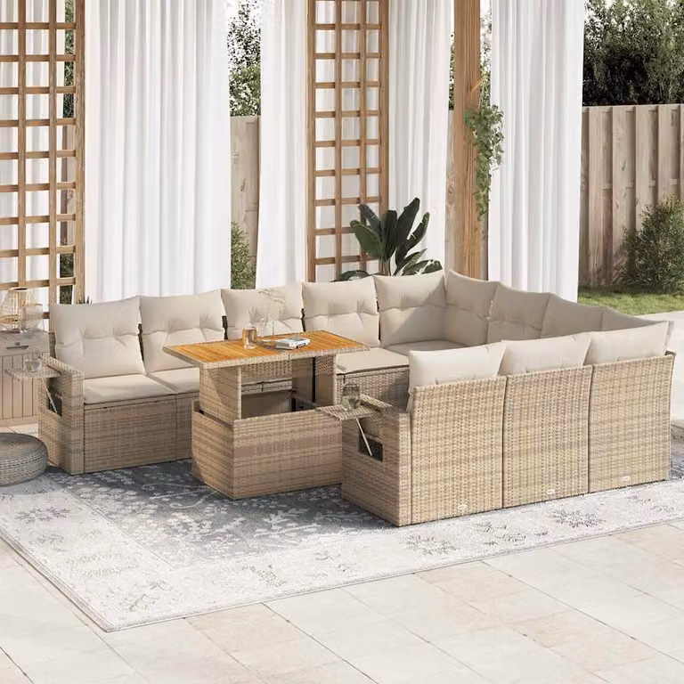 Set di divani da giardino vidaXL in polyrattan beige con cuscini e tavolino da esterno a forma di U
