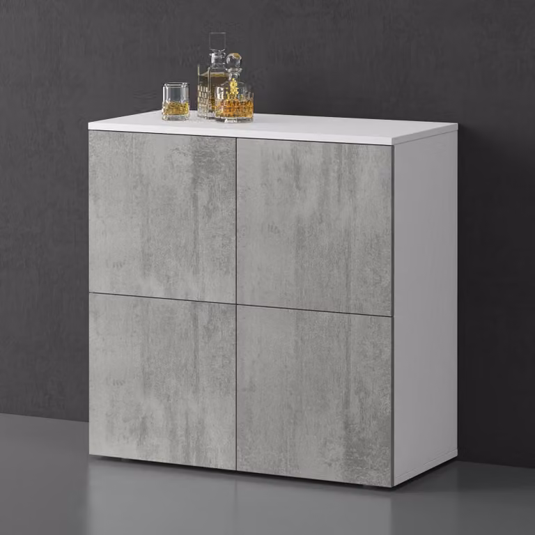 doporro Mobile Organizzatore Credenza Buffet in Legno con 4 Ante Push-to-Open e Soft-Close per Soggiorno, Sala da Pranzo o Ingresso, 76x36,4x76 cm Bianco opaco e Calcestruzzo Schrank04