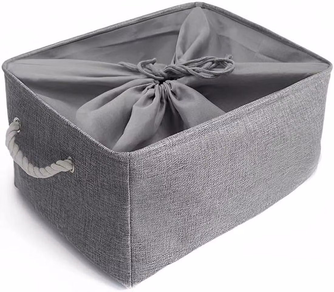 Contenitore Azomor® Jumbo in lino grigio con pratiche maniglie in cordoncino, pieghevole e lavabile