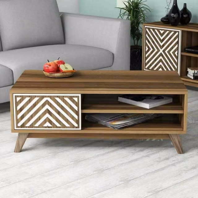 Tavolino da salotto moderno DMORA, tavolo basso rettangolare con ripiano, marrone e bianco, L: 105 cm, P: 60 cm, H: 38 cm – 1