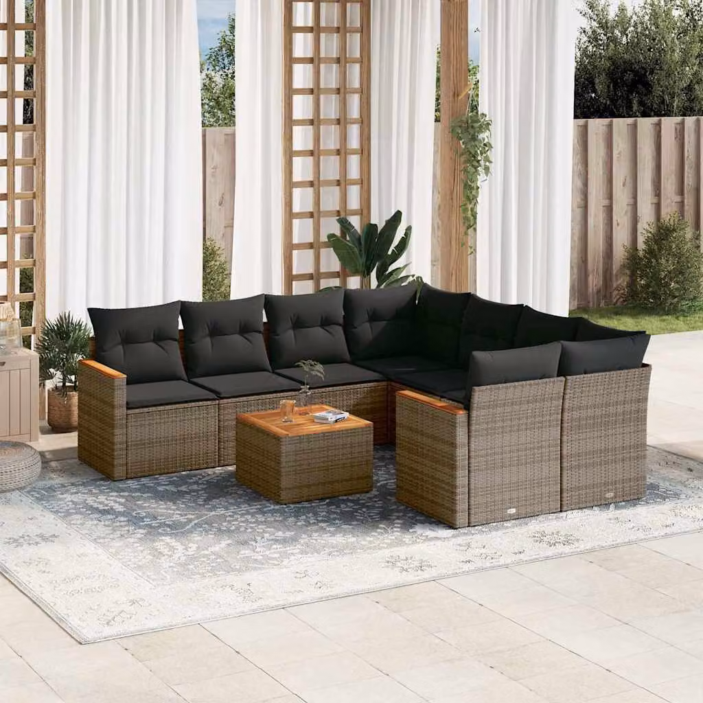 vidaXL Set Divano da Giardino a L 9 pz in Polyrattan Grigio con Cuscini e Tavolino da Esterno – 1
