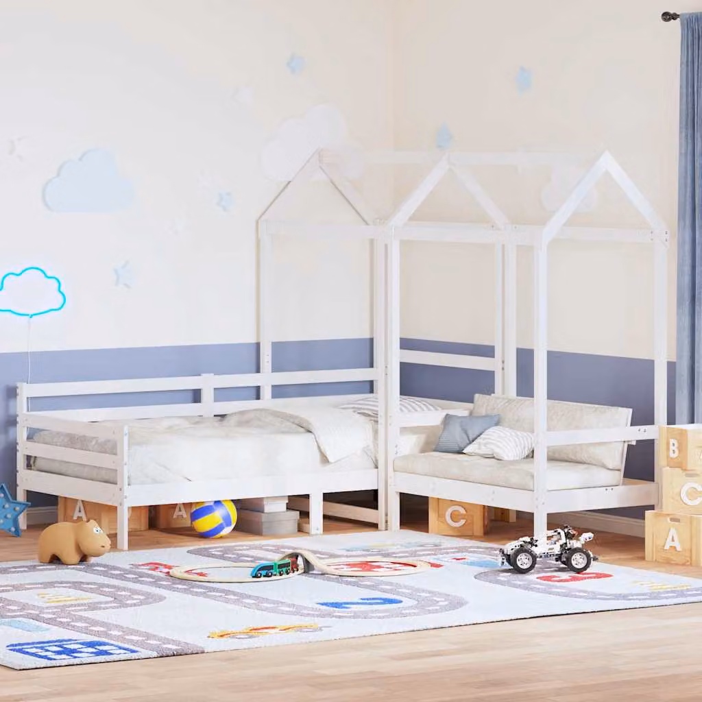 Set Dormeuse e Panca con Tetto vidaXL in Legno di Pino Massello Bianco per Bambini L: 200 cm, P: 80 cm, H: 203,5 cm