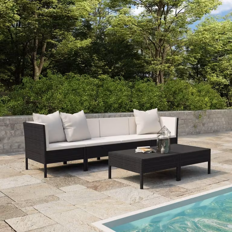 The Living Store Set da giardino da 6 pezzi con cuscini in poly rattan nero