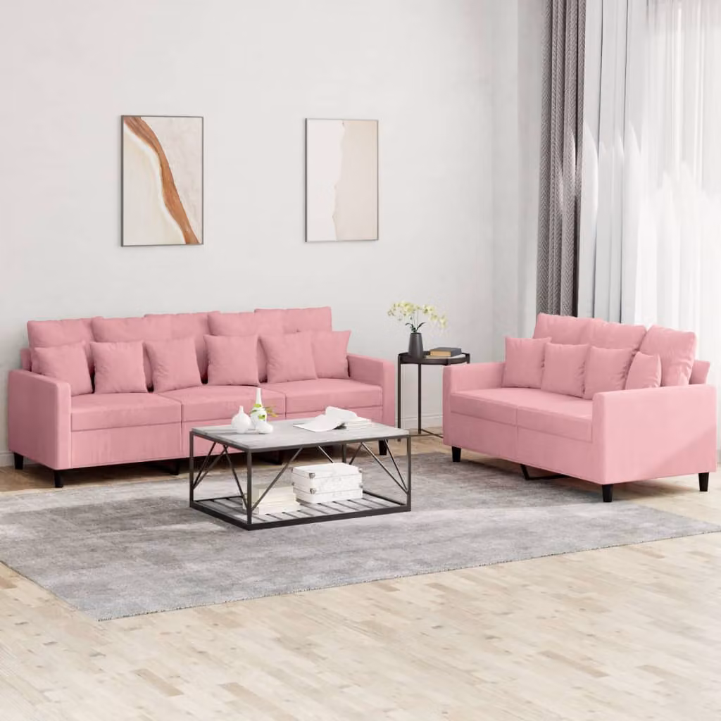 Set di divani vidaXL composto da un divano a 2 posti e uno a 3 posti in velluto rosa con cuscini coordinati per il tuo soggiorno – 1