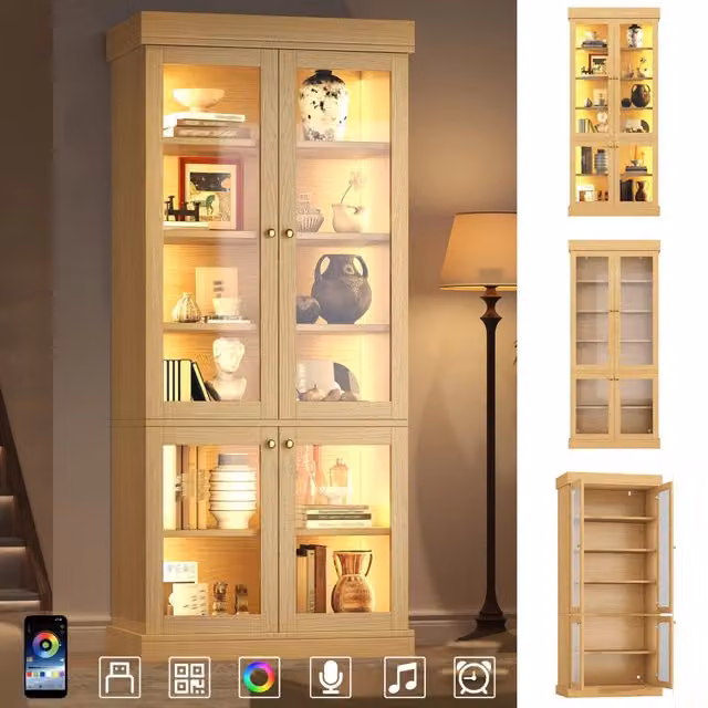 Vetrina moderna in vetro con illuminazione LED integrata, ripartizione interna funzionale e protezione antiribaltamento, stabile e sicura, colore marrone naturale