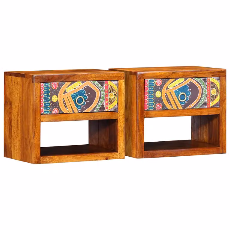 Set di 2 armadi da notte vidaXL in legno di acacia marrone, modello moderno da appendere al muro, L 40 x P 35 x H 35 cm