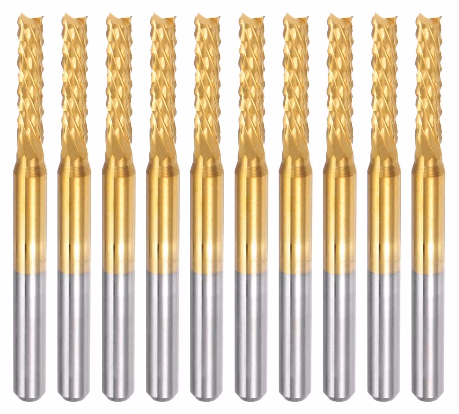 10 frese a metallo duro, diametro gambo 2,5 mm, frese CNC a 6 taglienti, con rivestimento in titanio a 4 taglienti, adatte per acciaio inossidabile, materiali compositi e leghe. Colore: oro