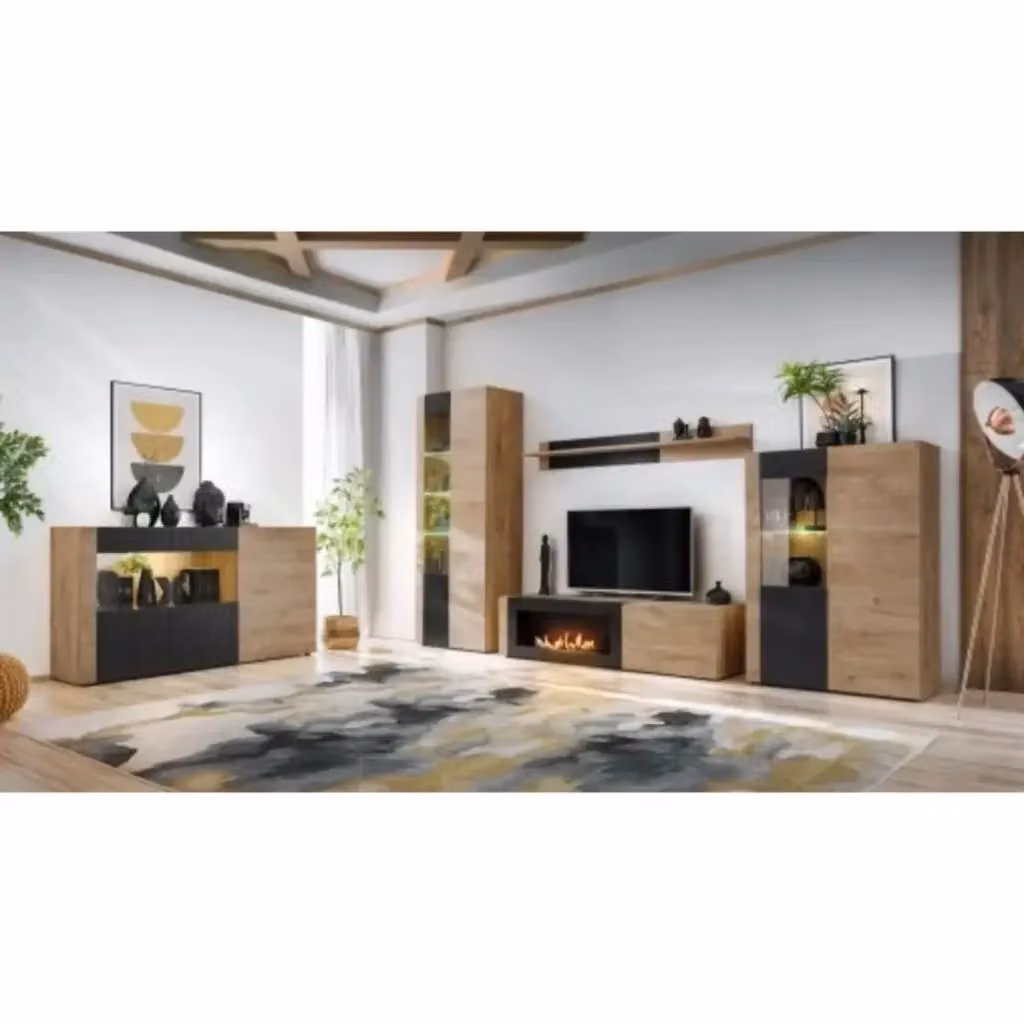Set completo per salone Meublorama DOUM in stile industrial con buffet basso, vetrina, mobile TV con camino bio-etanolo, buffet alto e scaffale a muro, finitura rovere e nero – 2