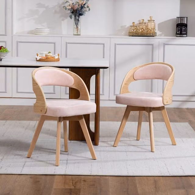 Sedia da pranzo girevole a 360 gradi Mivray in lino rosa con gambe in legno di faggio H: 75 cm, L: 44 cm, P: 41 cm