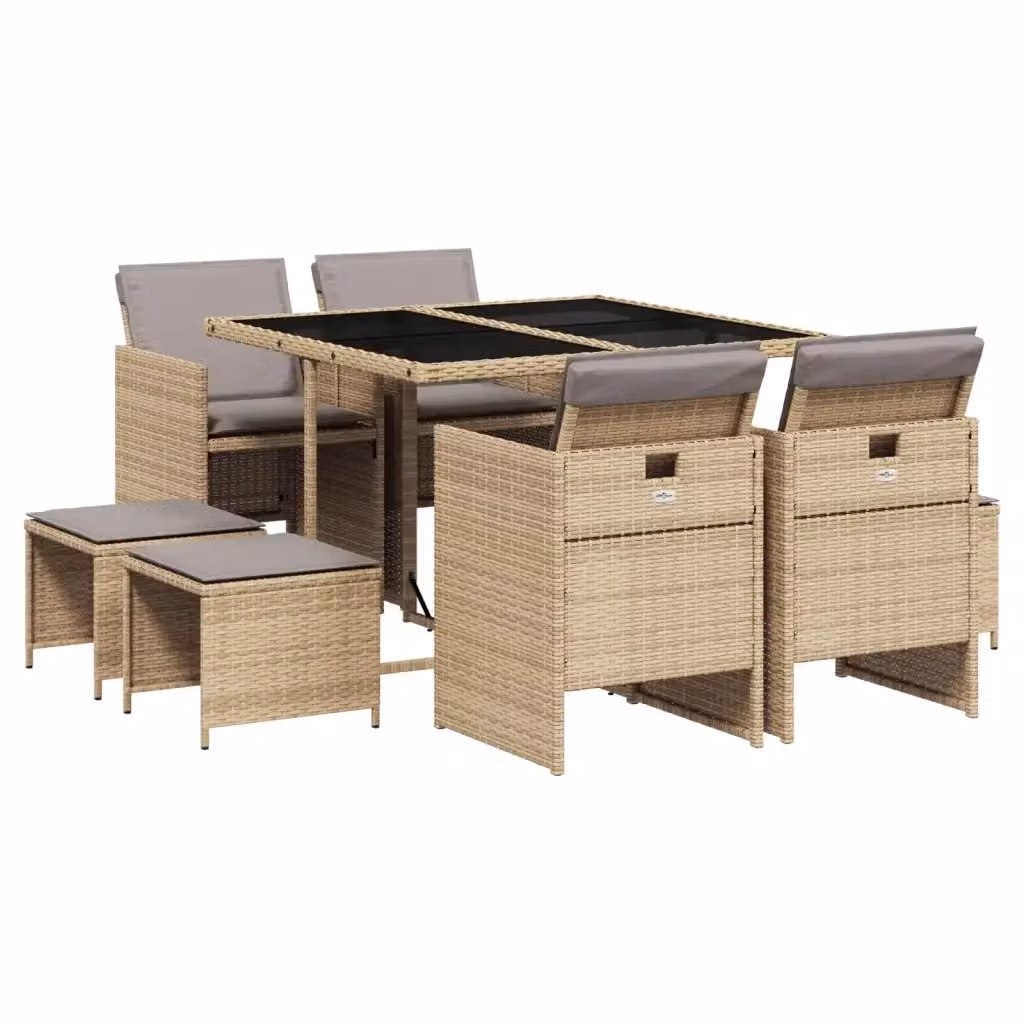 vidaXL Set Pranzo da Giardino 9 pz in Polyrattan con Cuscini Beige e Piano in Vetro – 2