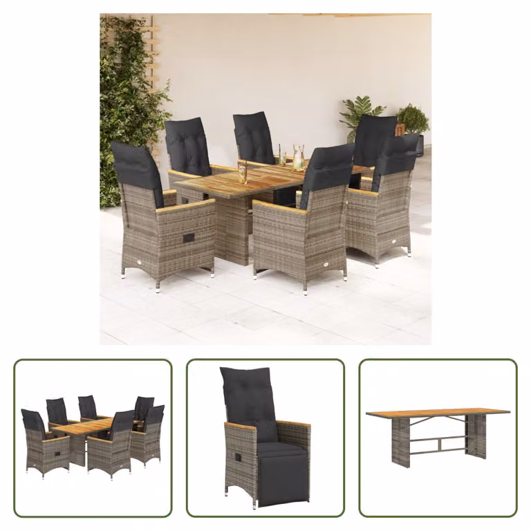 The Living Store Set bistrot da giardino 7 pezzi con cuscini in poly rattan grigio