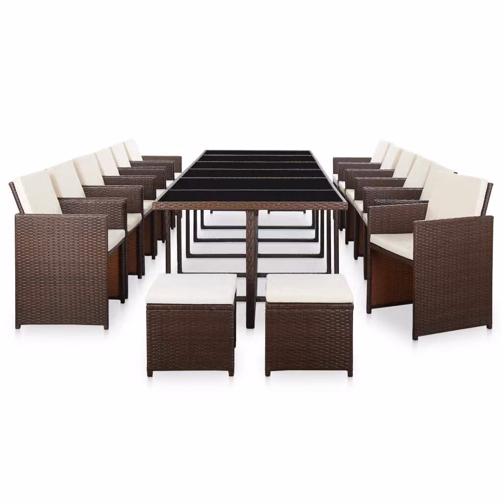 Set da Pranzo da Giardino 17 pz con Cuscini Polyrattan Marrone
