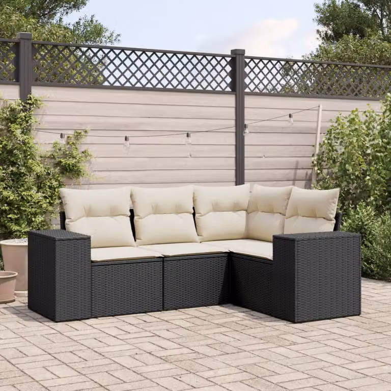 Set di Divani da Giardino a Forma di L vidaXL in Polyrattan Nero con Cuscini e Struttura in Acciaio