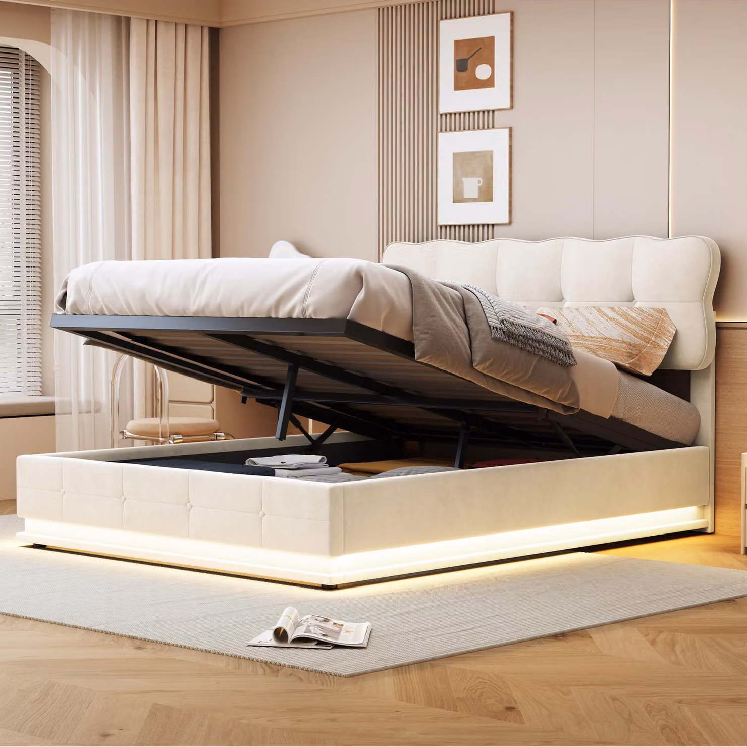 Letto matrimoniale 140x200 con contenitore, imbottito, con illuminazione LED, letto con sistema di sollevamento idraulico, letto per ragazzi, in velluto, color beige