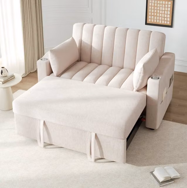 Divano letto 2 posti reclinabile; 3 posizioni; effetto lino beige; 2 cuscini