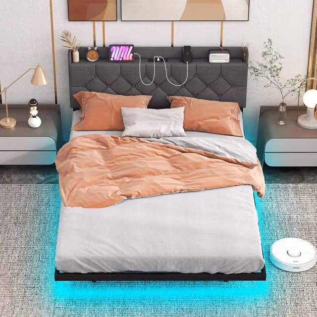 Letto Matrimoniale Moderno COSTWAY in Tessuto Grigio con Luci LED Sotto il Letto, Porta USB e Ripiano Integrato, L/P: 140 x 200 cm
