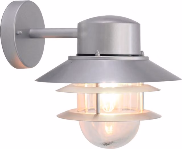 Applique da esterno industriale Copenhagen di Elstead in metallo argento e vetro trasparente con attacco E27 60W