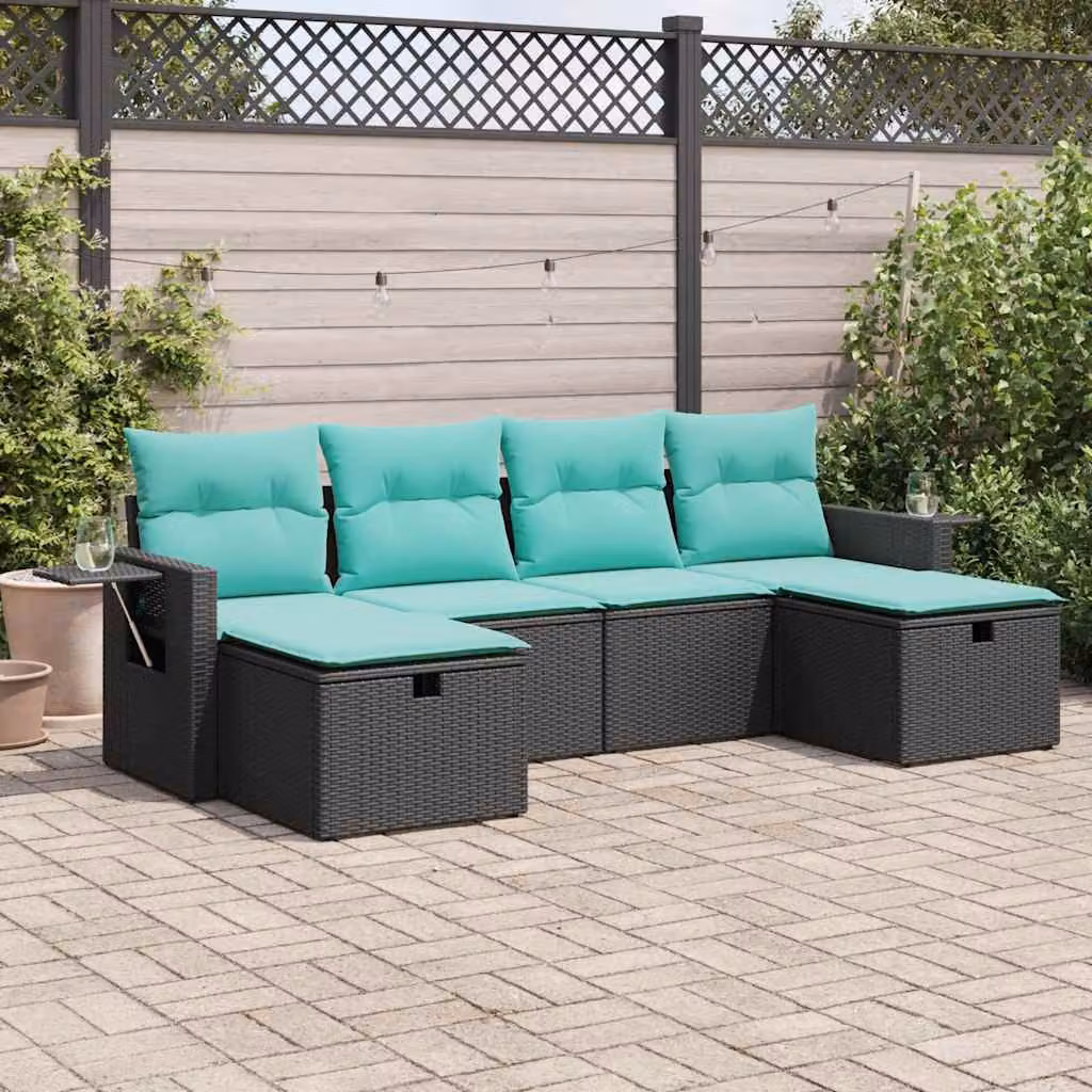 Set Divano da Giardino a L vidaXL in Polyrattan Nero con 6 Cuscini Imbottiti e Struttura in Acciaio