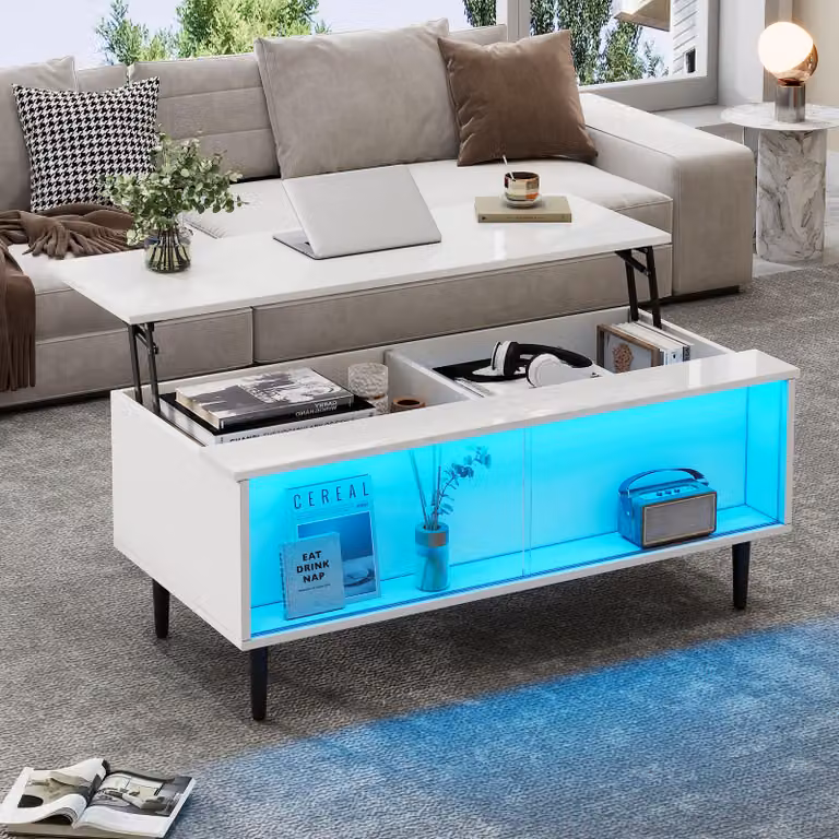 okwish Tavolino moderno, tavolino regolabile in altezza con portaoggetti nascosto e 4 gambe, tavolino con illuminazione a LED e area espositiva, bianco