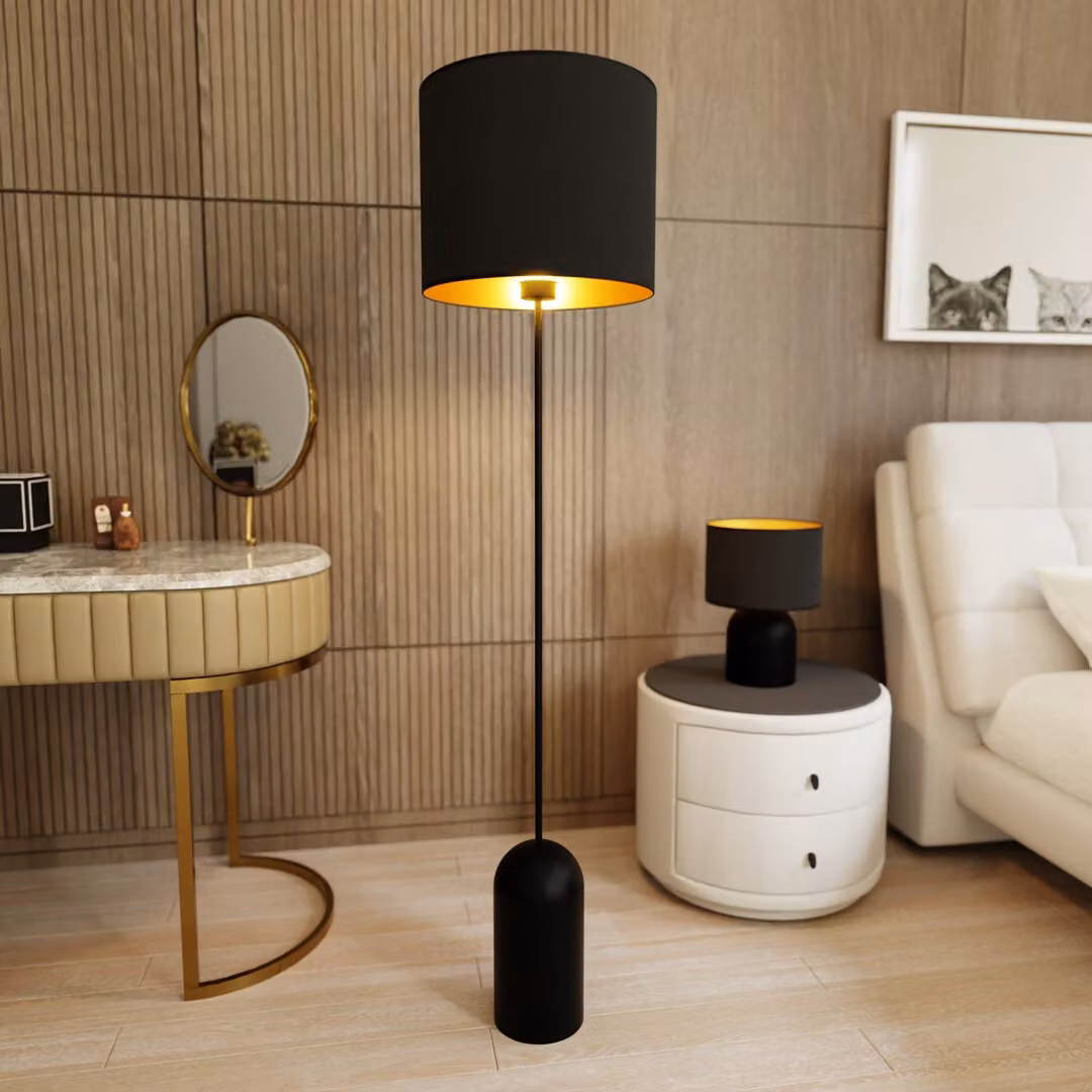 Lampada da terra nera con paralume dall'interno dorato, 1xE27, 15 W, ASPEN Emibig