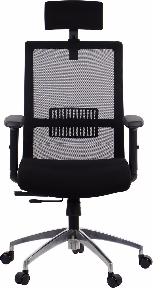 Sedia da ufficio ergonomica girevole RIVERTON M/H/AL, braccioli regolabili, poggiatesta, schienale in rete, sedile scorrevole (avanti-indietro), base in alluminio, nero