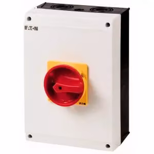 Interruttore di sicurezza Eaton, T5, 100 A, 6 poli, 2 contatti NA, funzione E-STOP, con manopola rossa e anello di bloccaggio giallo, bloccabile in posizione 0 con ponte 207289