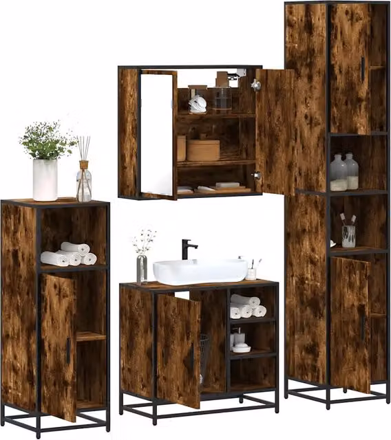Set di mobili da bagno industrial vidaXL 4 pezzi in legno e metallo marrone con specchio e illuminazione LED – 2