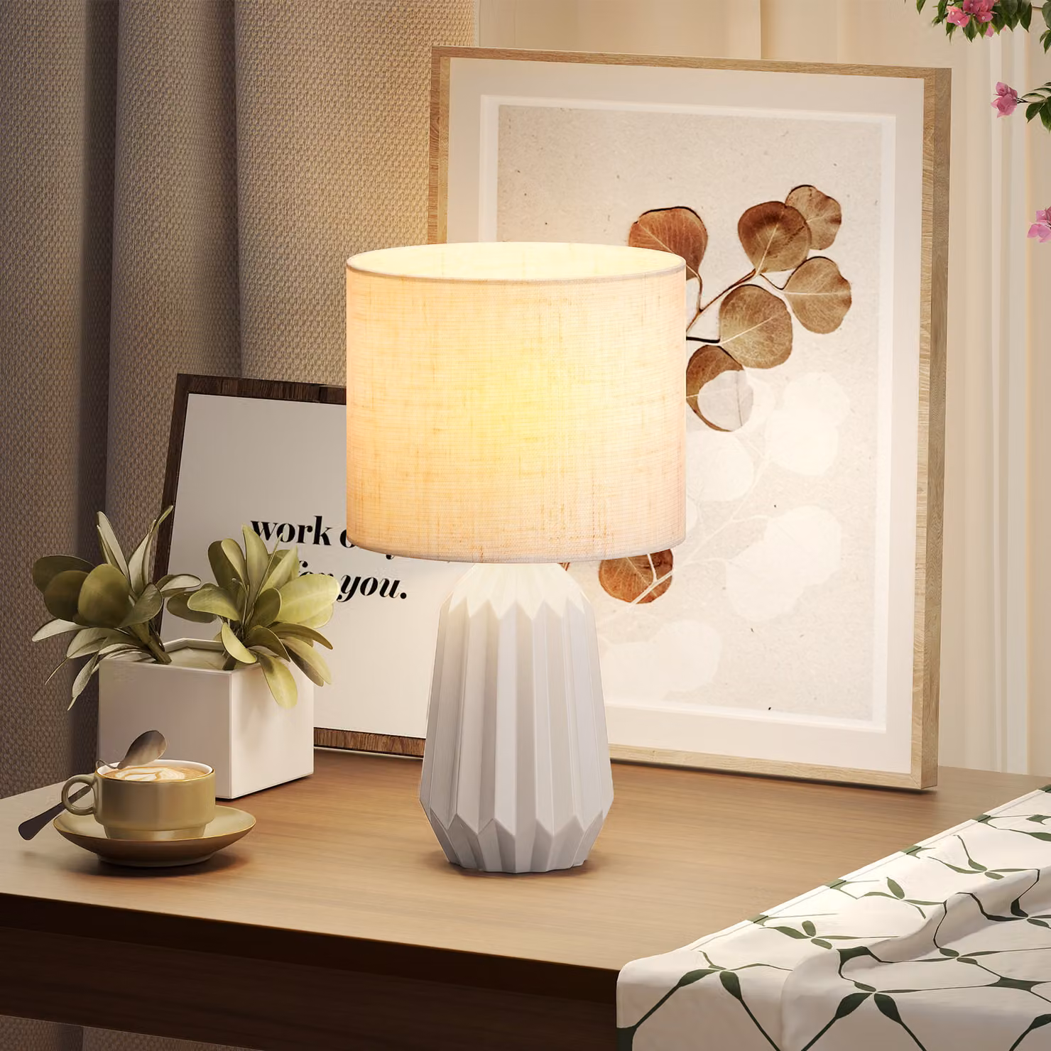 Lampada da tavolo HOMCOM in ceramica con paralume in tessuto beige e interruttore – 2